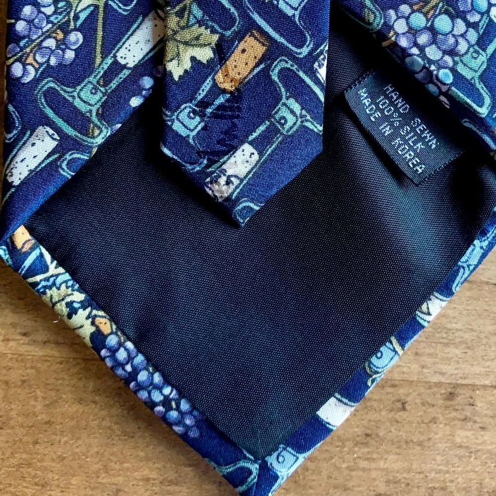 Vintage 100% Silk Wine & Cork Print Tie | Made in Korea | 4”